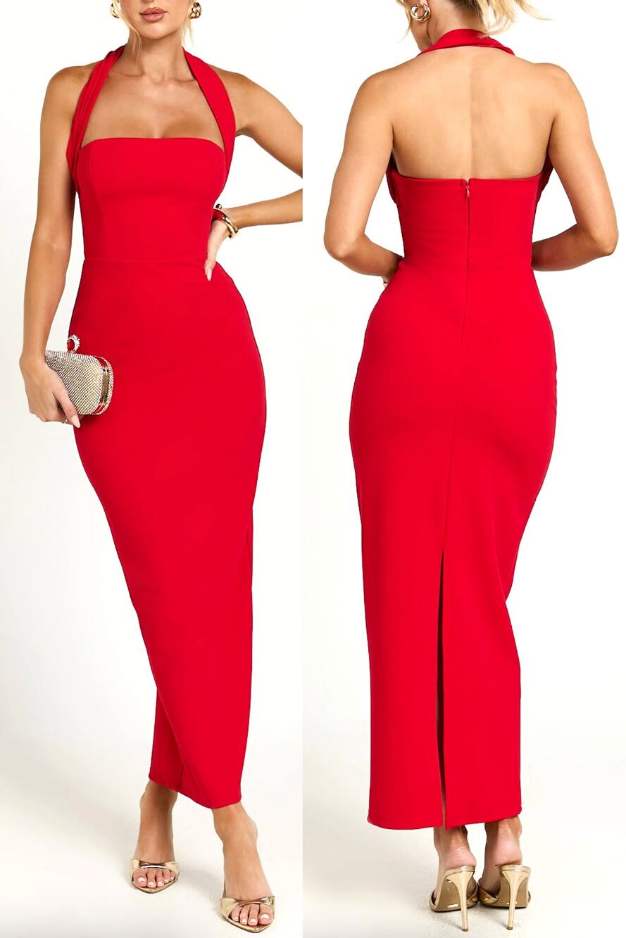 Showpo Red Halter Midi Dress Formal Cocktail Pencil Fitted Size 4 Holiday Party